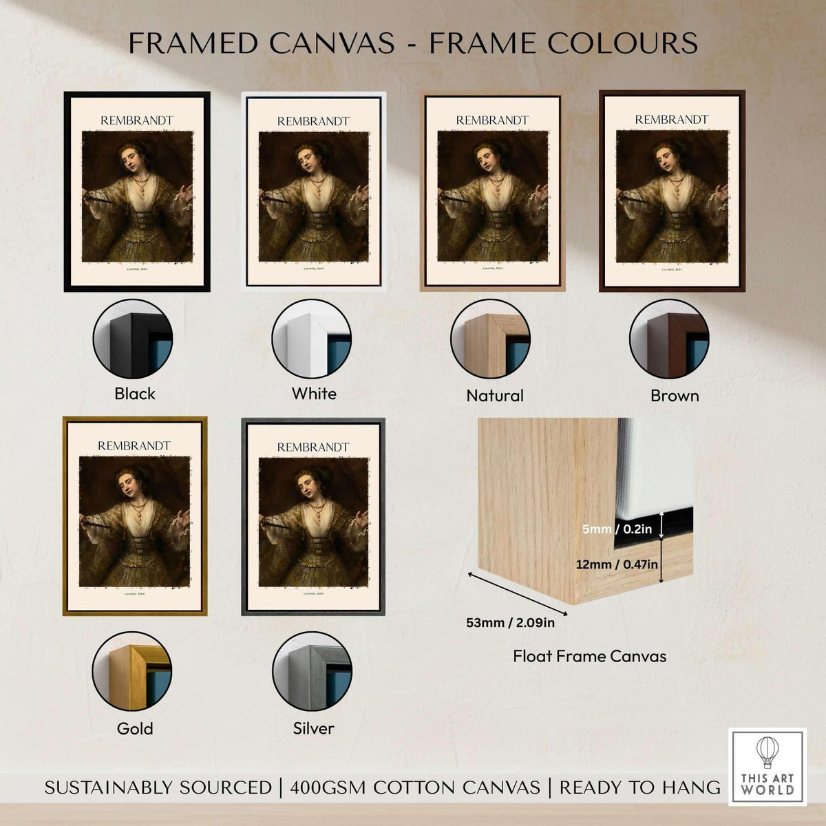 Framed canvas options for Rembrandt Lucretia 1664 Painting Art Print Baroque Historical Poster Wall Decor.