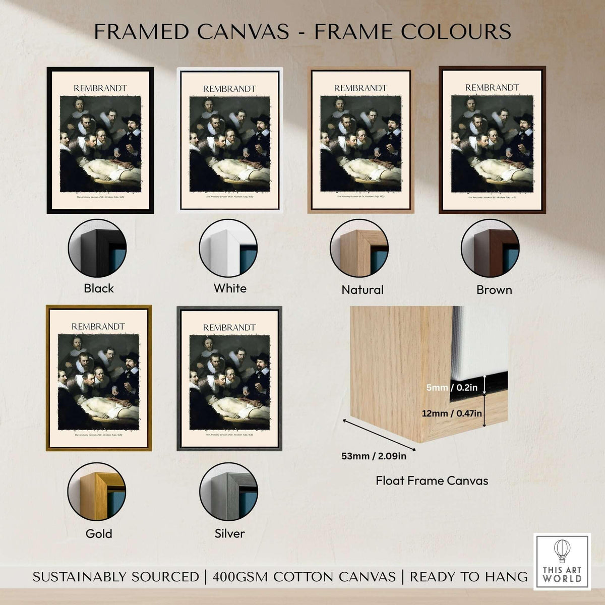 Framed canvas options for Rembrandt Anatomy Lesson Dr Tulp 1632 Group Portrait Art Print Dutch Master Poster in various colors.