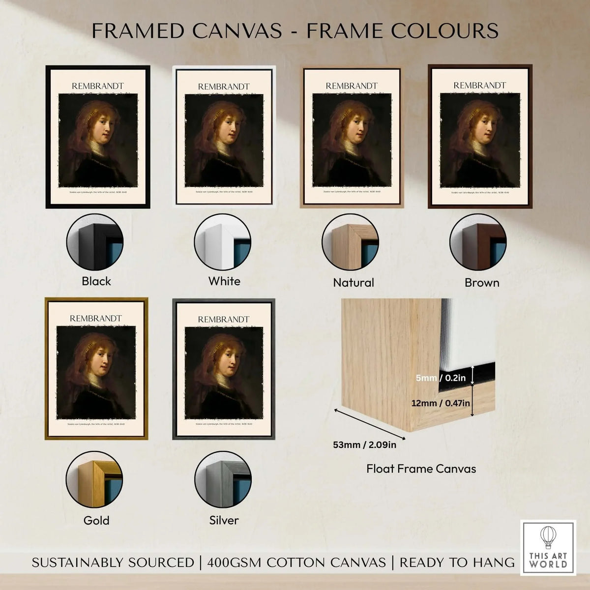 Framed canvas options for Rembrandt Saskia van Uylenburgh Portrait Print Wife Artist Dutch Poster Wall Art, showcasing various colors.