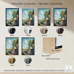 Framed Richmond travel art canvas with six frame color options: black, white, natural, brown, gold, silver.