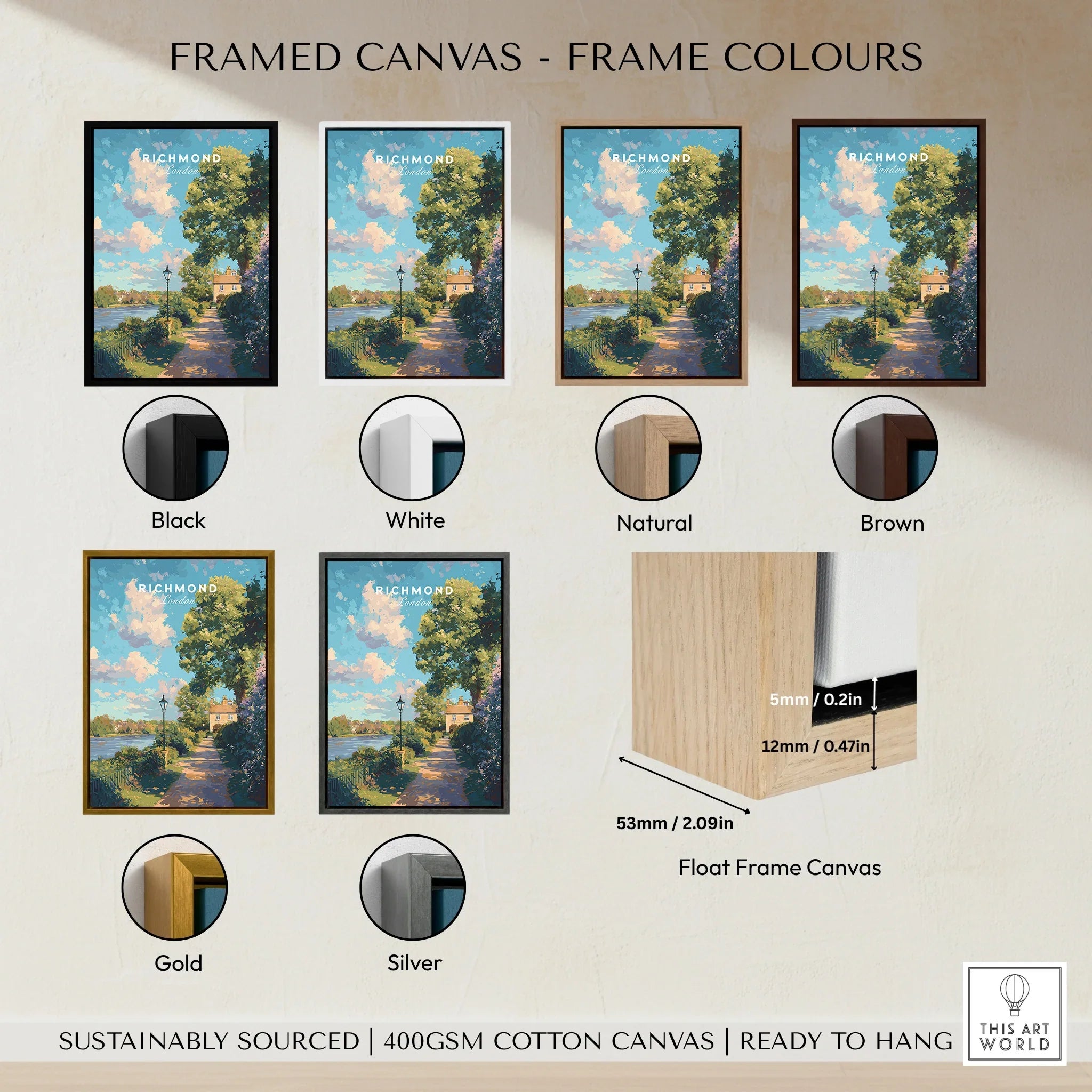 Framed Richmond travel art canvas with six frame color options: black, white, natural, brown, gold, silver.