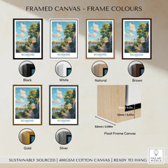Richmond travel poster wall art in six frame color options: black, white, natural, brown, gold, silver.
