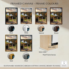 Richmond Hill travel poster wall art in six frame color options: black, white, natural, brown, gold, silver, with float frame canvas detail.