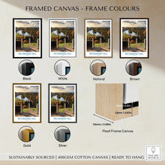 Richmond Hill travel poster print with six frame color options including black, white, natural, brown, gold, and silver, displayed as framed canvas wall art.