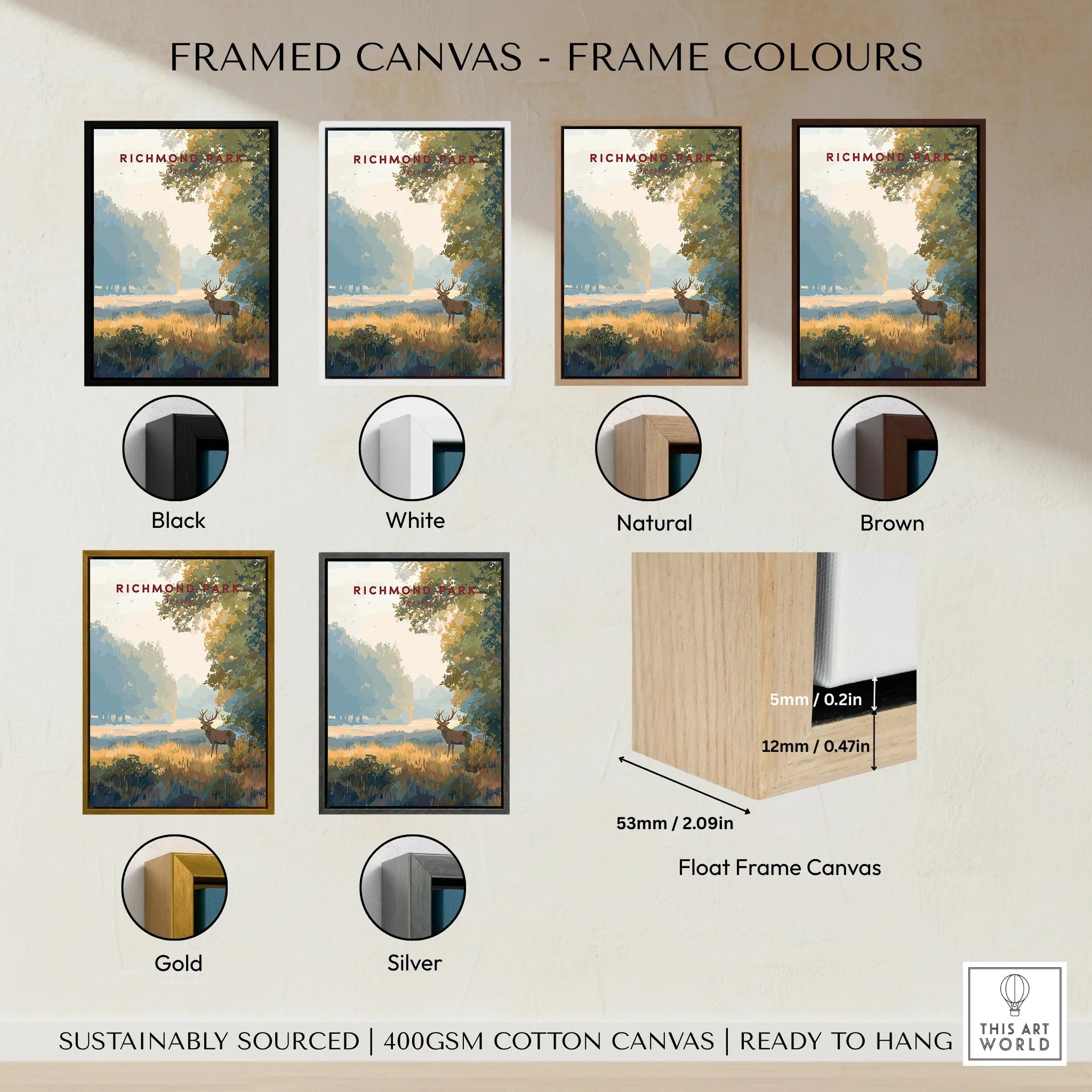 Richmond Park framed canvas wall art with black, white, natural, brown, gold, and silver frame color options, float frame detail shown.