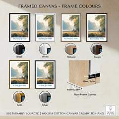 Richmond Park travel poster wall art with six frame color options: black, white, natural, brown, gold, and silver, shown on canvas.
