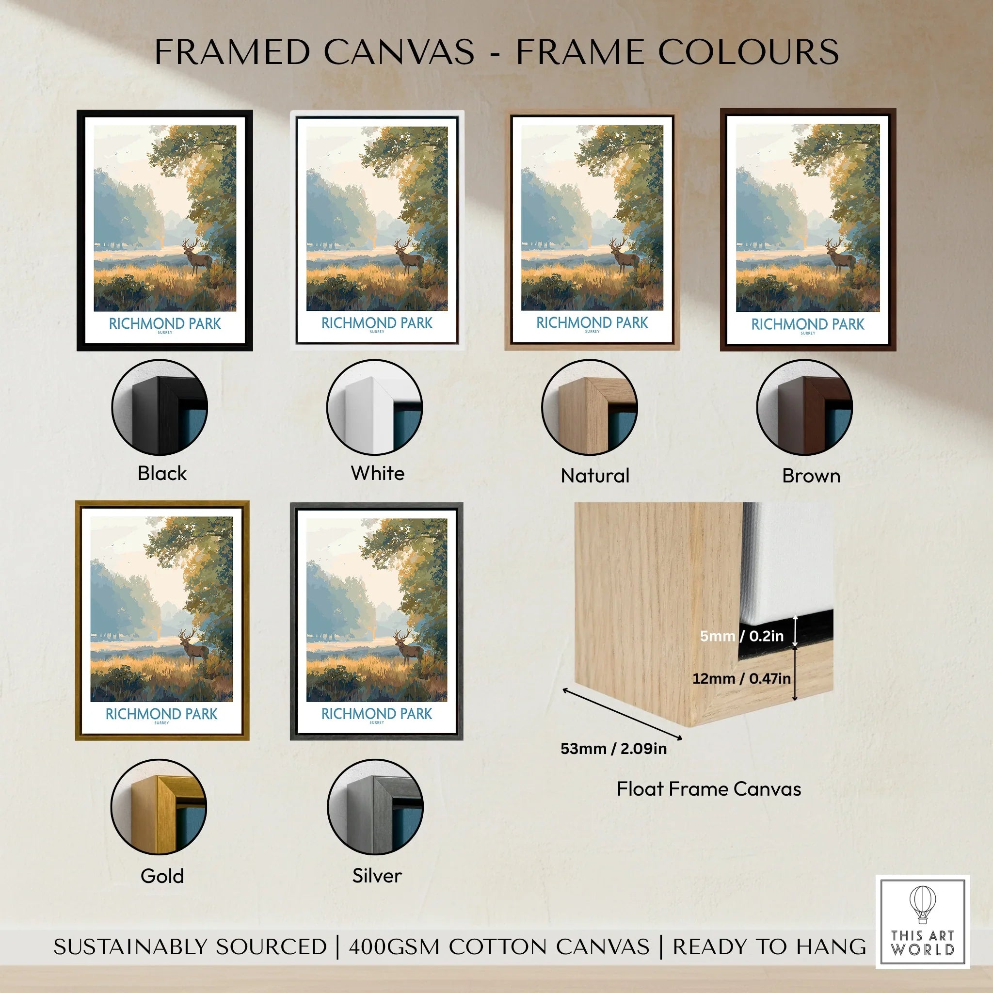 Richmond Park travel poster wall art with six frame color options: black, white, natural, brown, gold, and silver, shown on canvas.