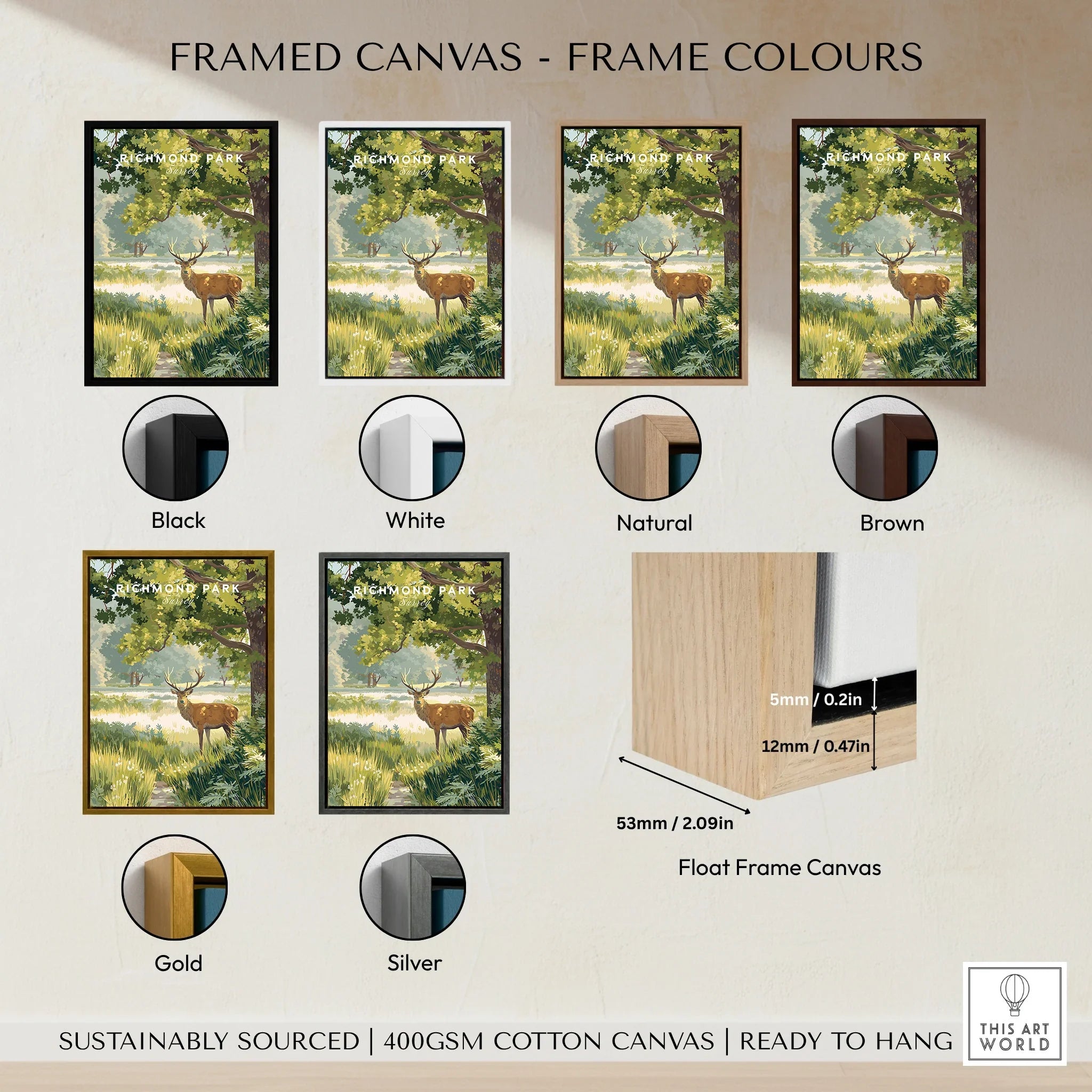 Richmond Park framed canvas art print in six frame colours: black, white, natural, brown, gold, and silver.