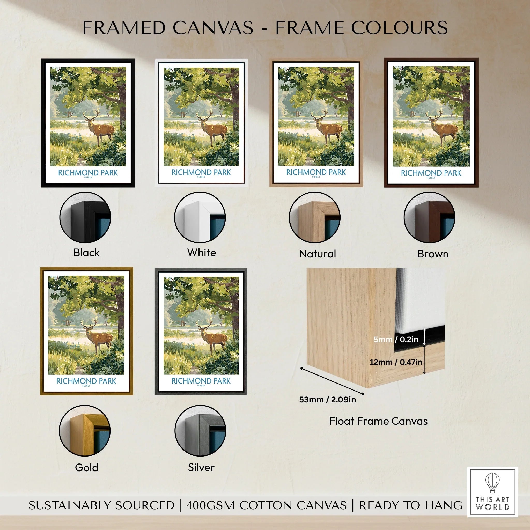 Richmond Park wall art print in six frame colour options: black, white, natural, brown, gold, silver.