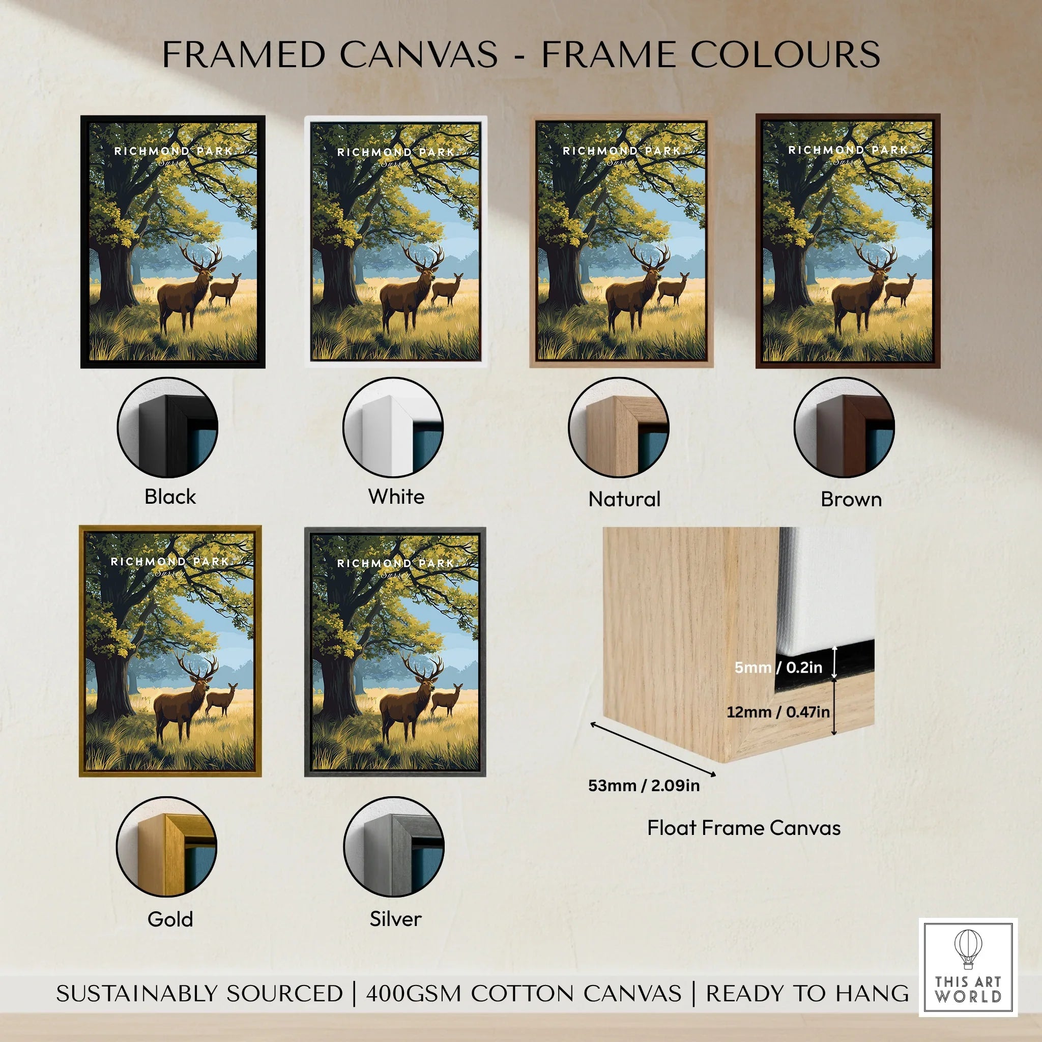 Richmond Park framed canvas print with six frame color options: black, white, natural, brown, gold, silver