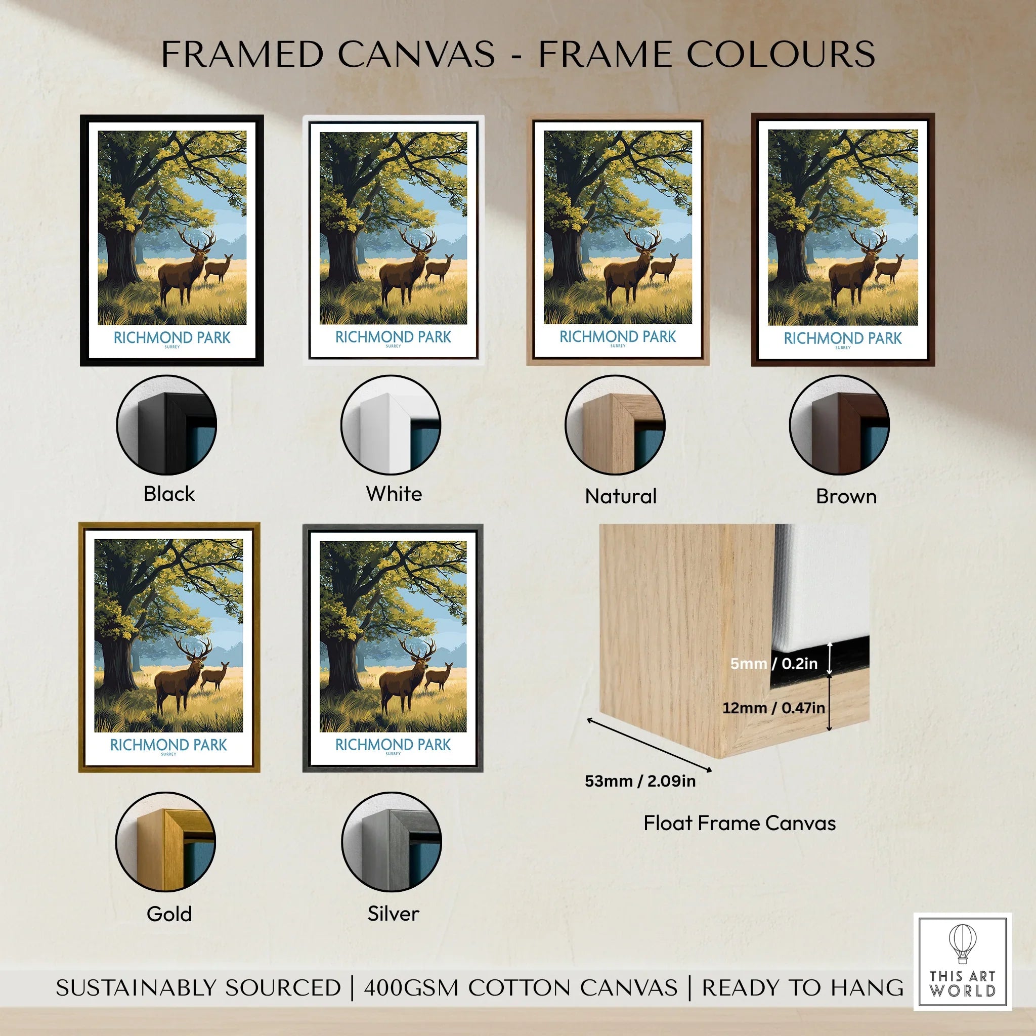 Richmond Park wall art framed canvas with six frame color options: black, white, natural, brown, gold, silver.