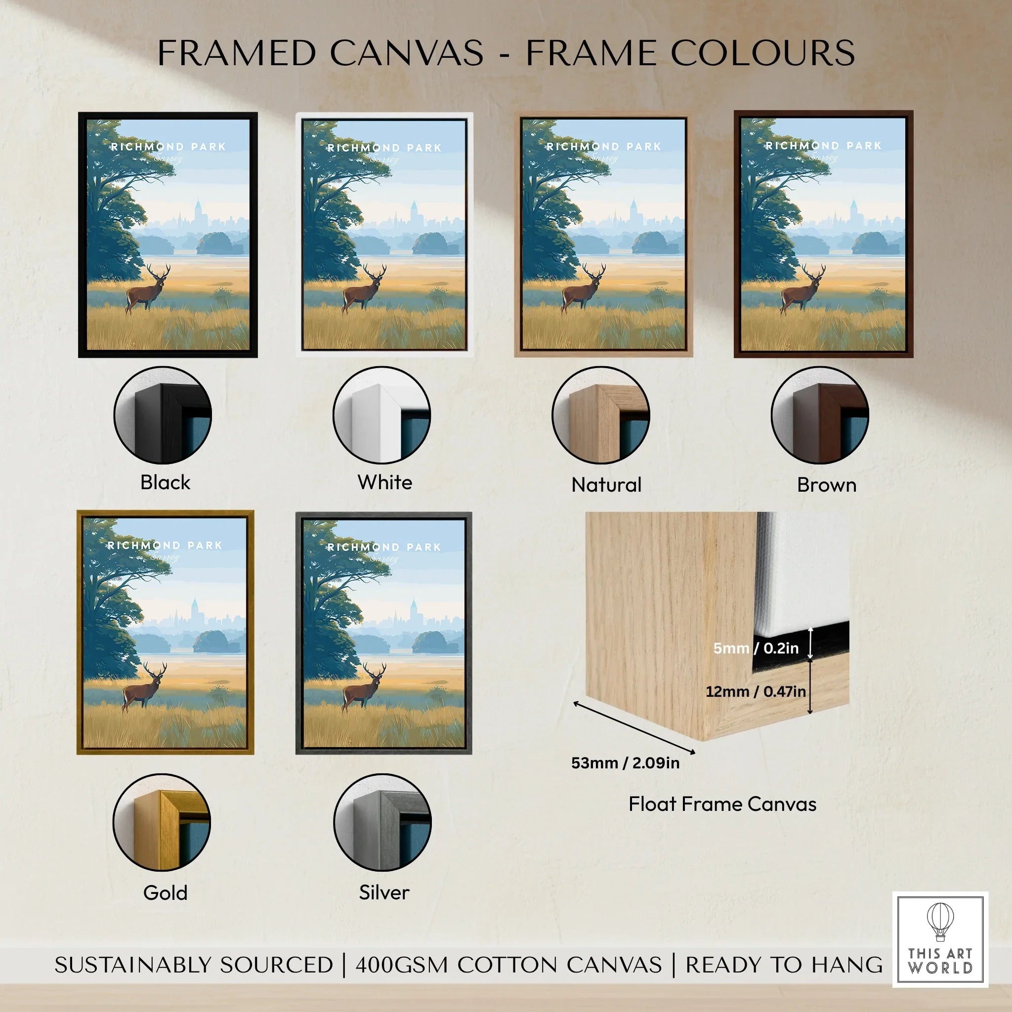 Richmond Park art print in six float frame color options: black, white, natural, brown, gold, silver.