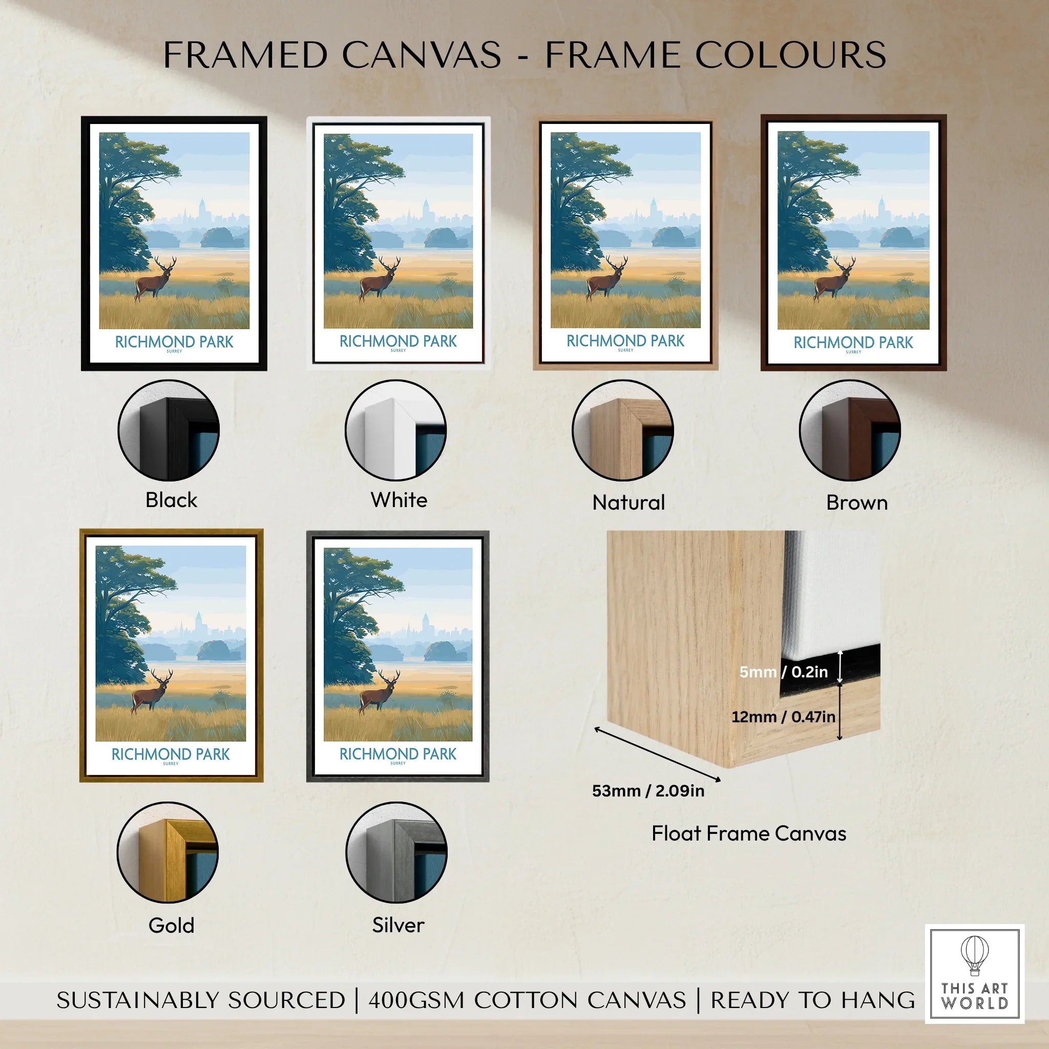 Richmond Park wall art print with six frame color options and float frame canvas detail