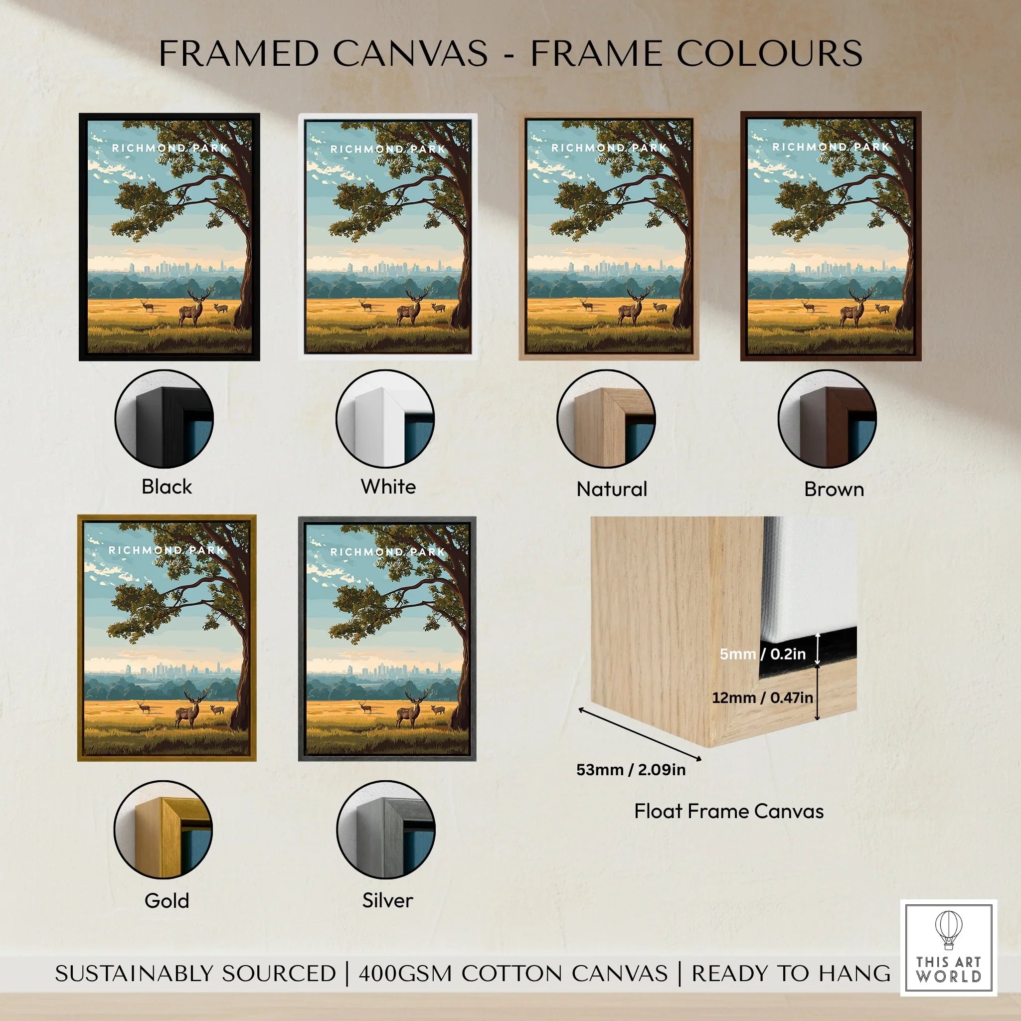 Richmond Park framed canvas print with six frame color options, landscape wall art.