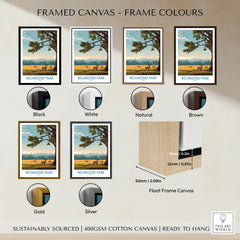 Richmond Park travel art print shown in six frame color options: black, white, natural, brown, gold, and silver with float frame canvas close-up detail.