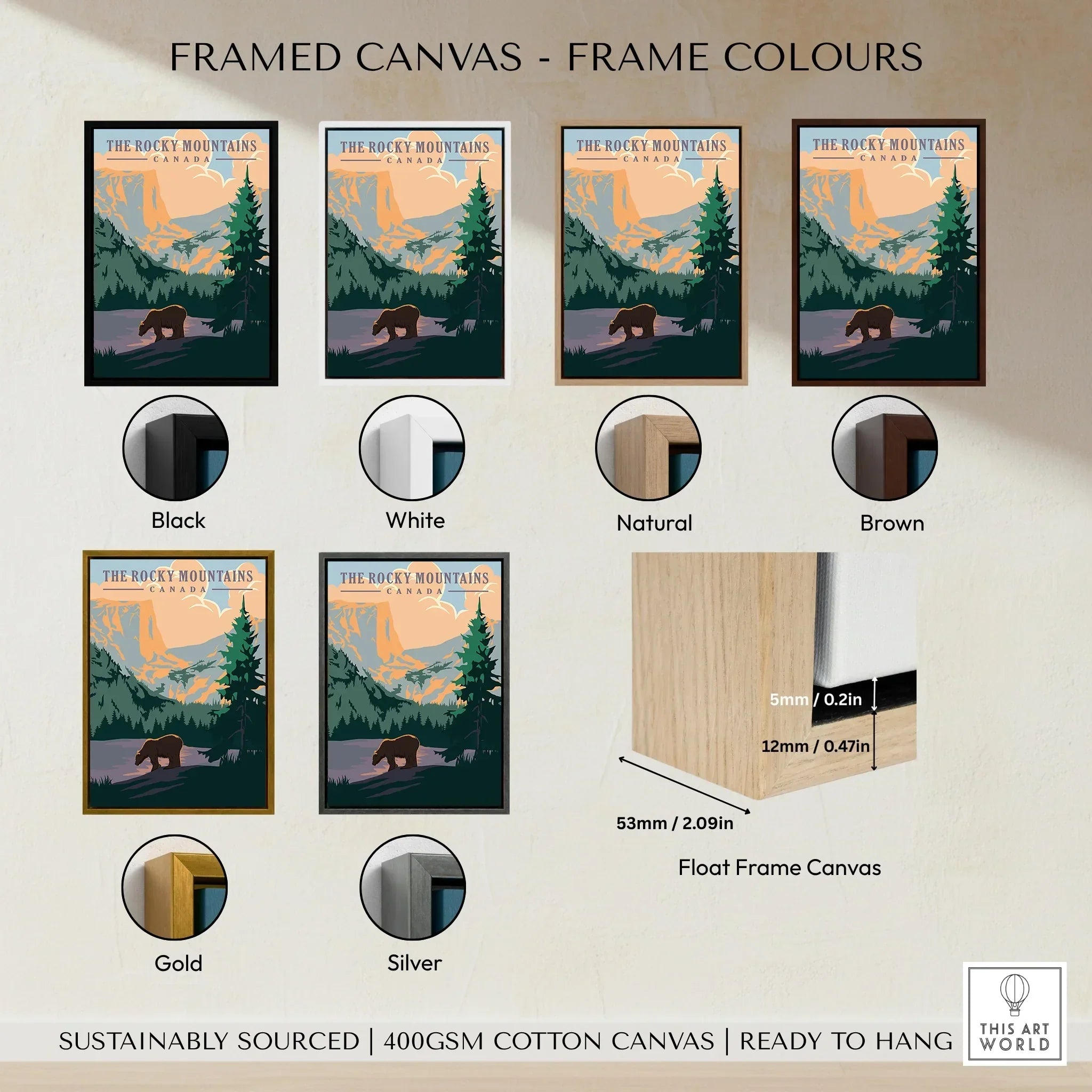 Rocky Mountains Canada travel poster with six framed canvas color options and float frame details.