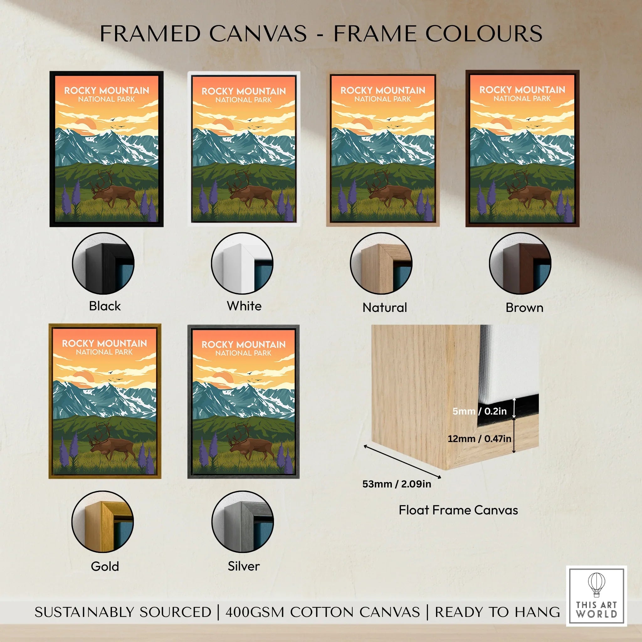 Rocky Mountain National Park framed wall art in six frame color options: black, white, natural, brown, gold, and silver.