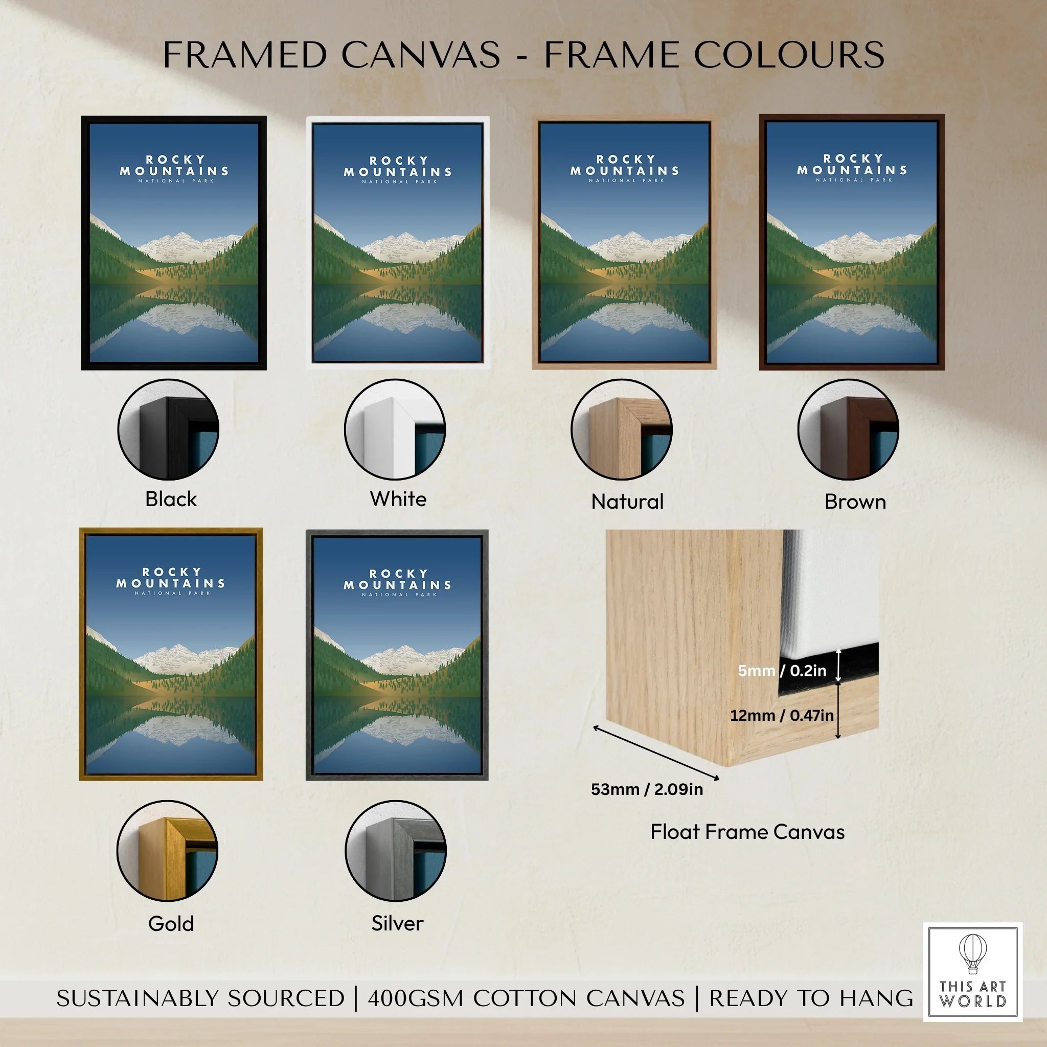 Rocky Mountains National Park framed canvas wall art in six frame color options: black, white, natural, brown, gold, silver.