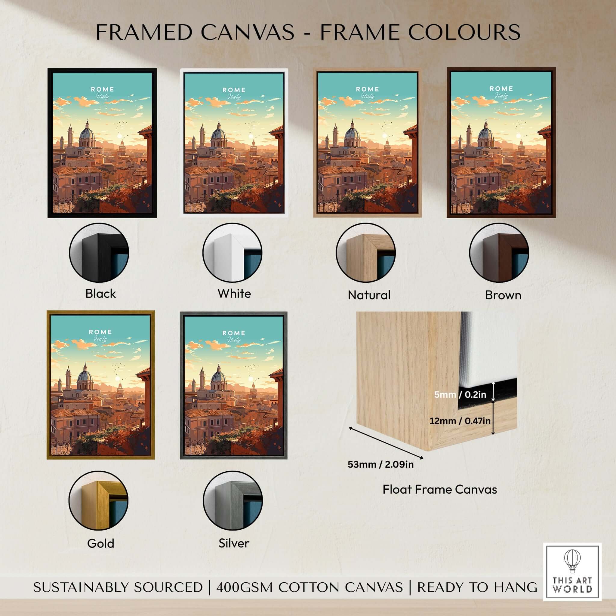 Rome Print framed canvas options in various colors: Black, White, Natural, Brown, Gold, Silver.