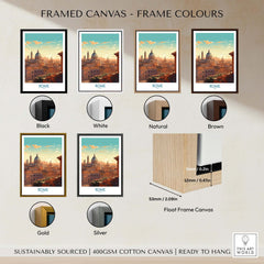 Various framed canvas options for the Rome Poster with color choices: black, white, natural, brown, gold, and silver.
