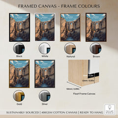 Ronda Spain Wall Art Print | Puente Nuevo Gorge Waterfall Travel Poster frame color options including black, white, natural, brown, gold, and silver.