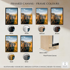 Ronda Spain Wall Art Print | Historic White Village Cliffside Travel Poster displayed in various frame colors including black, white, natural, brown, gold, and silver.