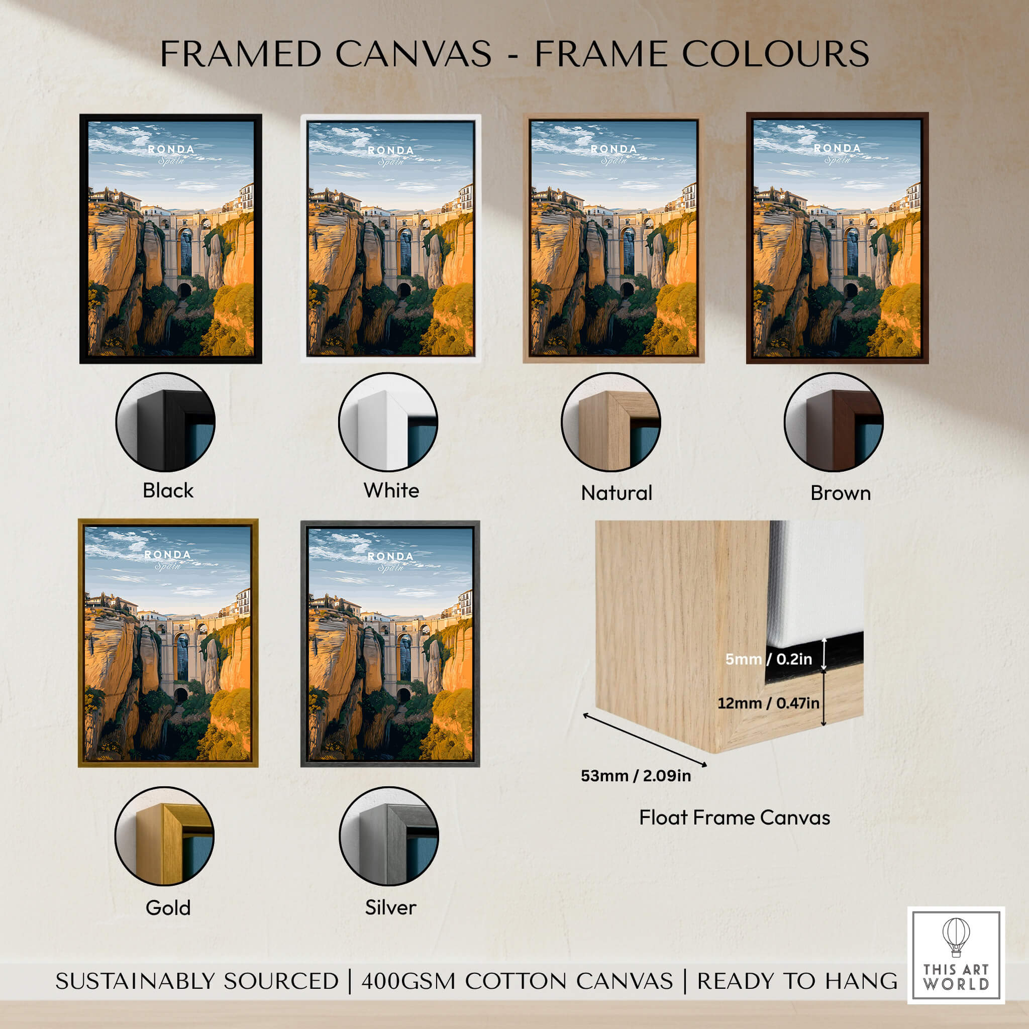Ronda Spain Wall Art Print | Historic White Village Cliffside Travel Poster displayed in various frame colors including black, white, natural, brown, gold, and silver.