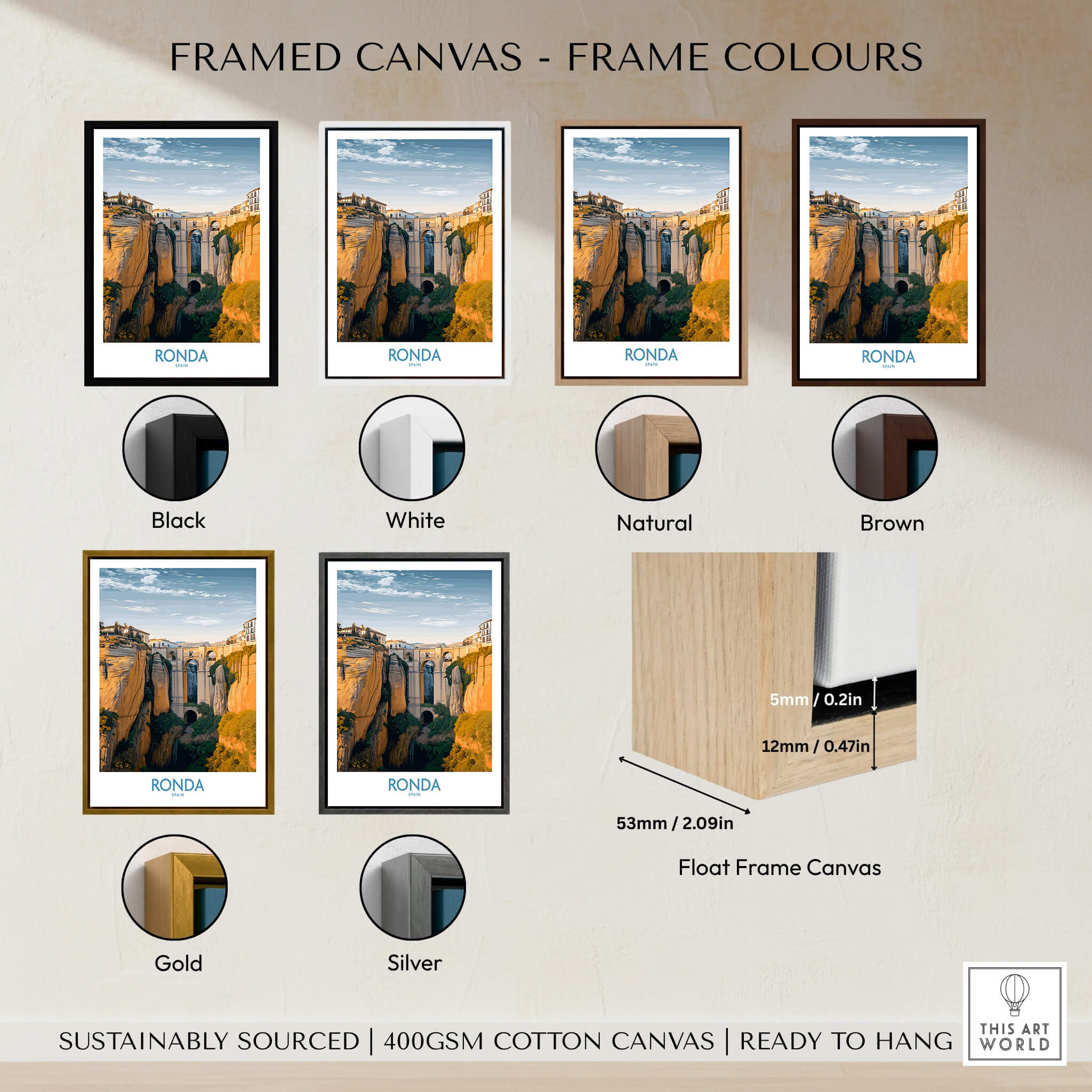 Framed canvas color options for Ronda Spain Poster | Iconic Stone Bridge & Valley View Canvas Print.