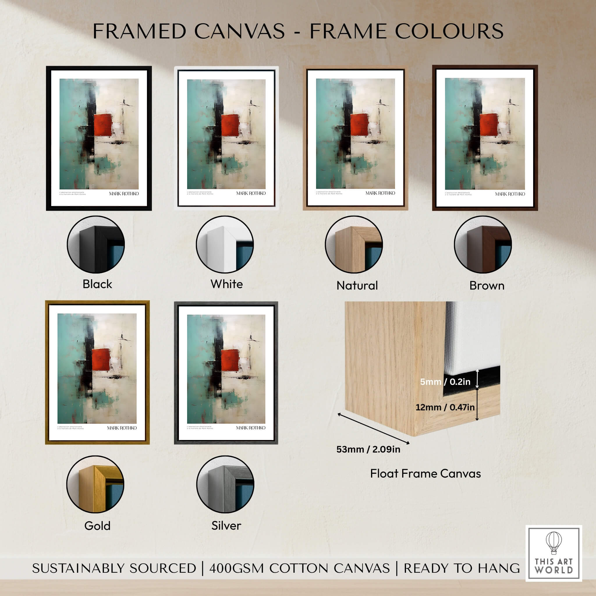 Framed canvas options showcasing Rothko Inspired Abstract Red and Mint Art Print | Mid-Century Modern Wall Decor with different frame colors.