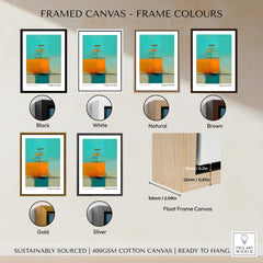 Framed canvas options for Rothko Inspired Abstract Turquoise Orange Art Print | Minimalist Wall Decor, showcasing various frame colors.