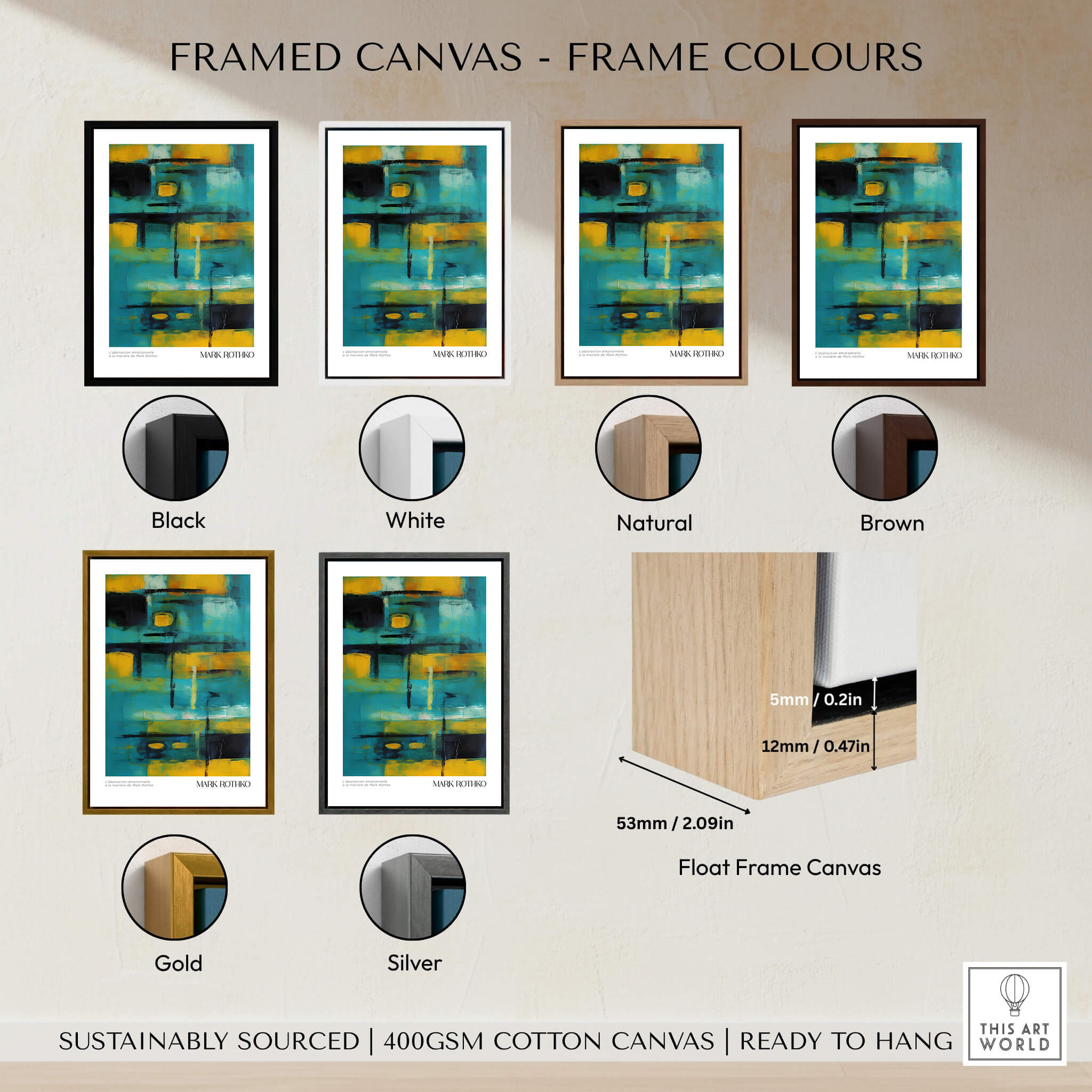 Rothko Inspired Abstract Yellow and Teal Art Print | Modern Poster framed canvas color options with descriptions.