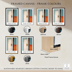 Rothko Inspired Abstract Teal and Orange Art Print | Minimalist Canvas Poster frame color options, showcasing different frame styles and materials.