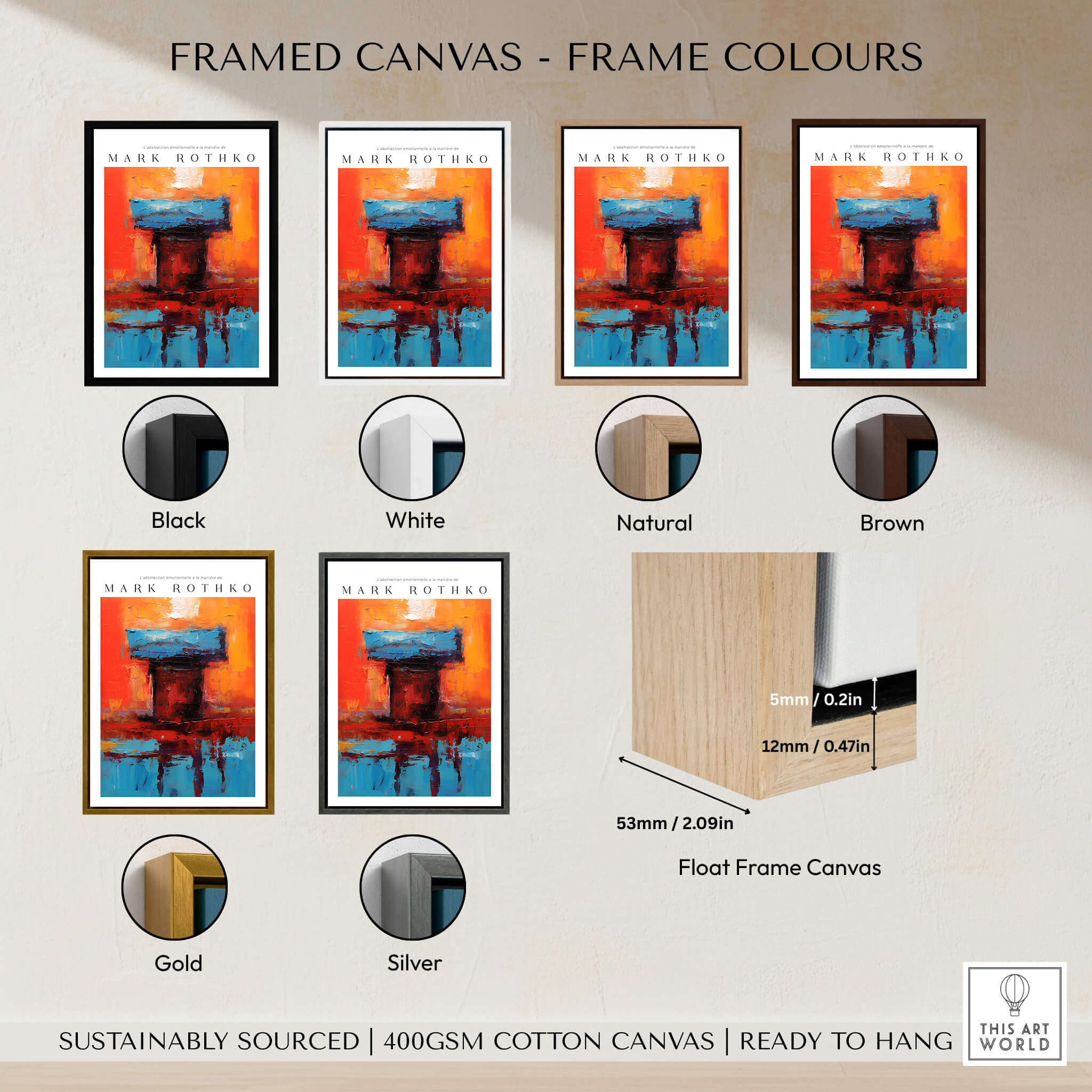 Framed canvas color options for Rothko Style Bold Color Contrast Painting Print | Modern Wall Decor.