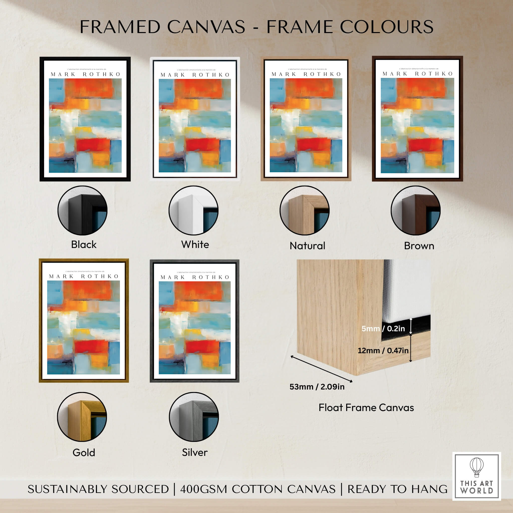 Rothko Canvas Color Abstraction Painting | Modern Abstract Wall Art framed canvas options and color samples.