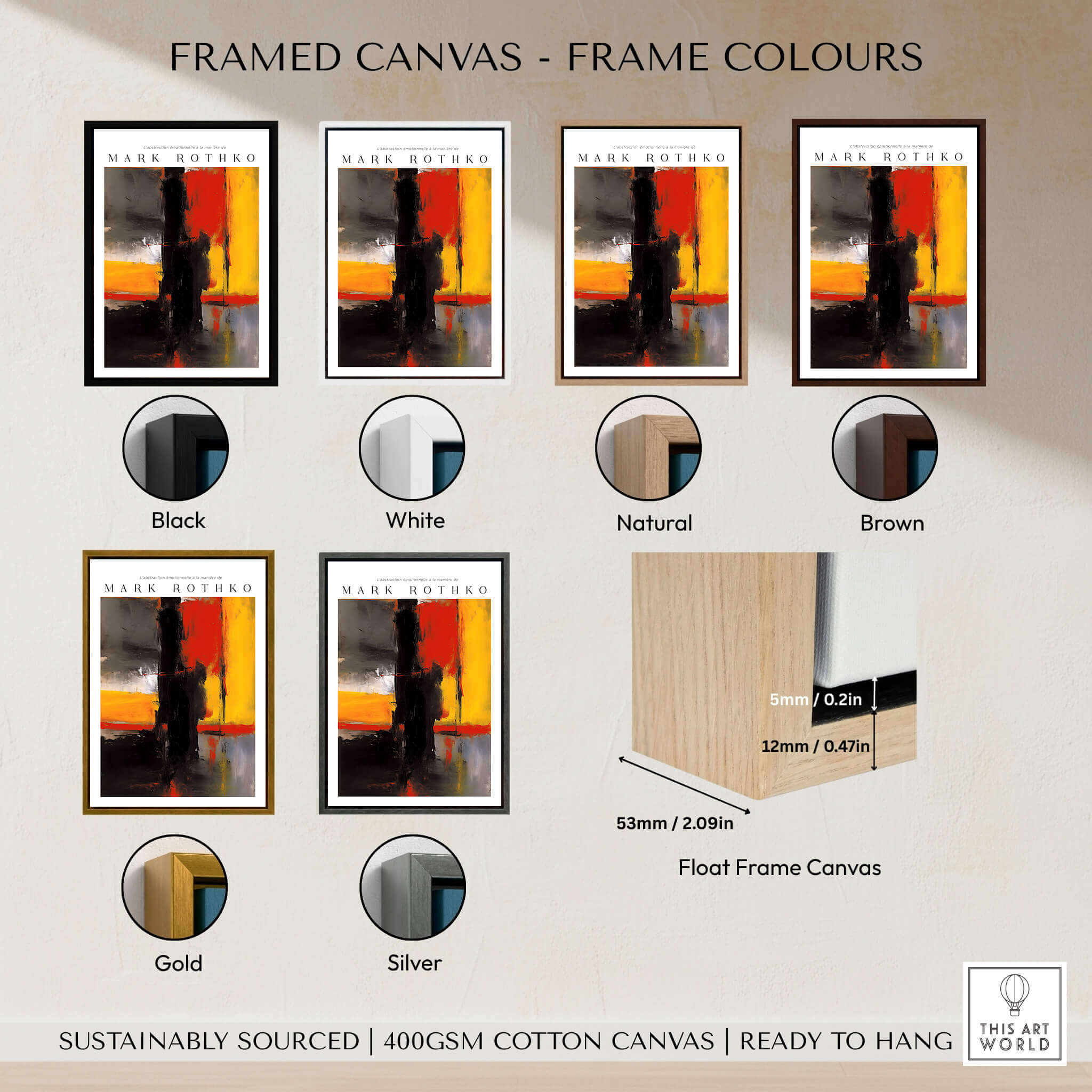Framed canvas colors for Mark Rothko Style Bold Black and Yellow Abstract Canvas Art Print options including black, white, natural, brown, gold, and silver.
