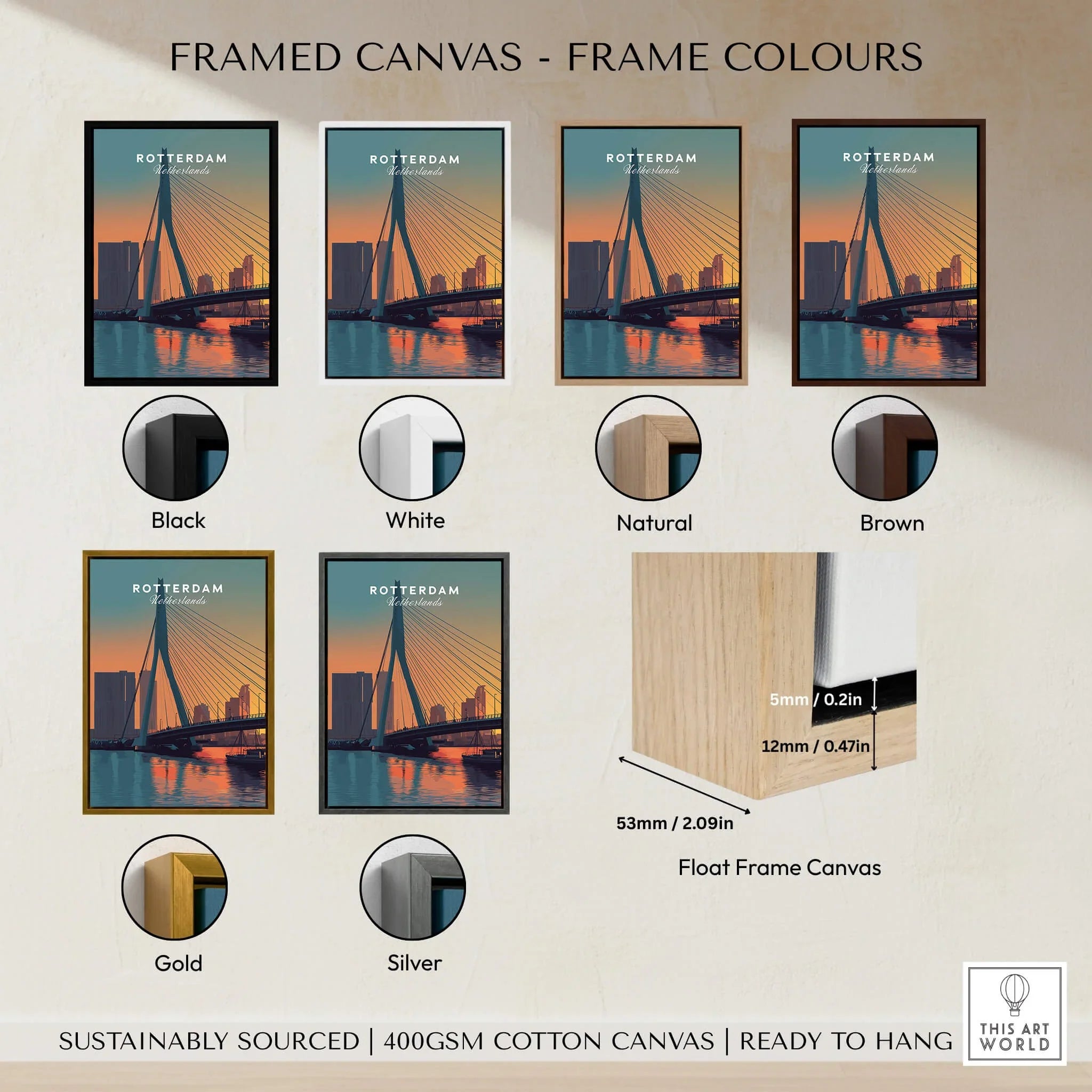 Rotterdam skyline wall art in six float frame color options: black, white, natural, brown, gold, and silver.