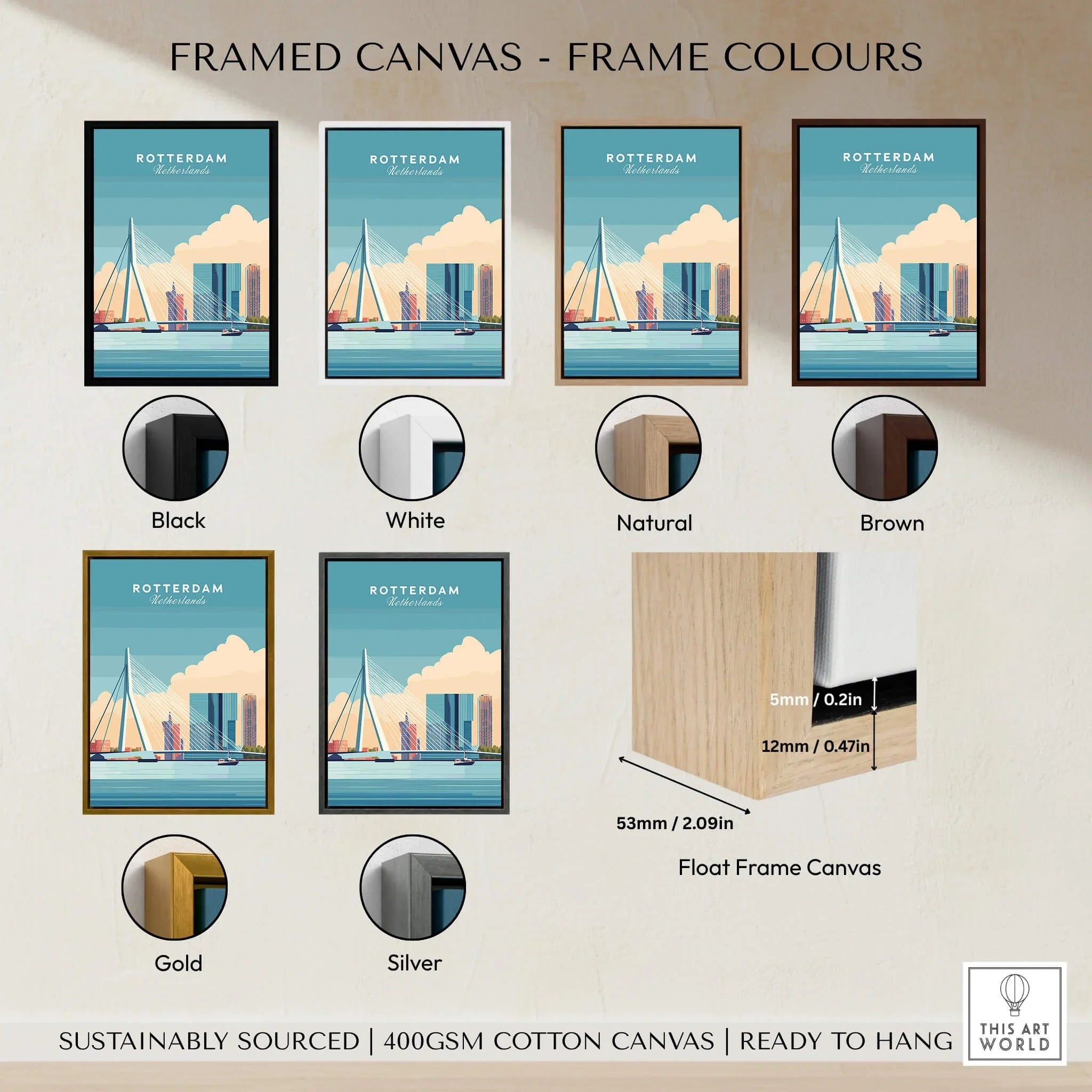 Rotterdam skyline travel poster framed canvas wall art in six frame color options