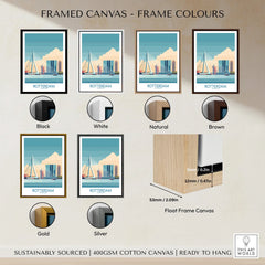 Rotterdam city skyline wall art travel poster in six canvas frame color options, including black, white, natural, brown, gold, and silver.