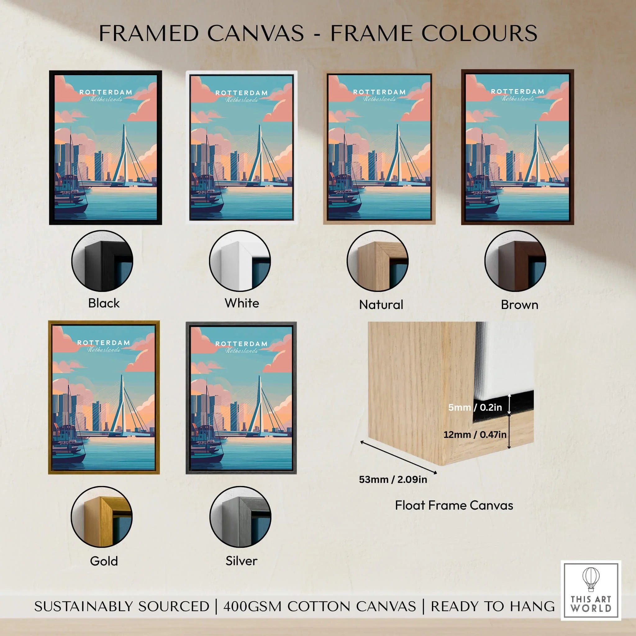 Travel poster of Rotterdam skyline in six canvas float frame colours: black, white, natural, brown, gold, silver.