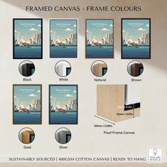 Rotterdam city skyline wall art print in six frame color options: black, white, natural, brown, gold, and silver, shown on canvas with float frame details.