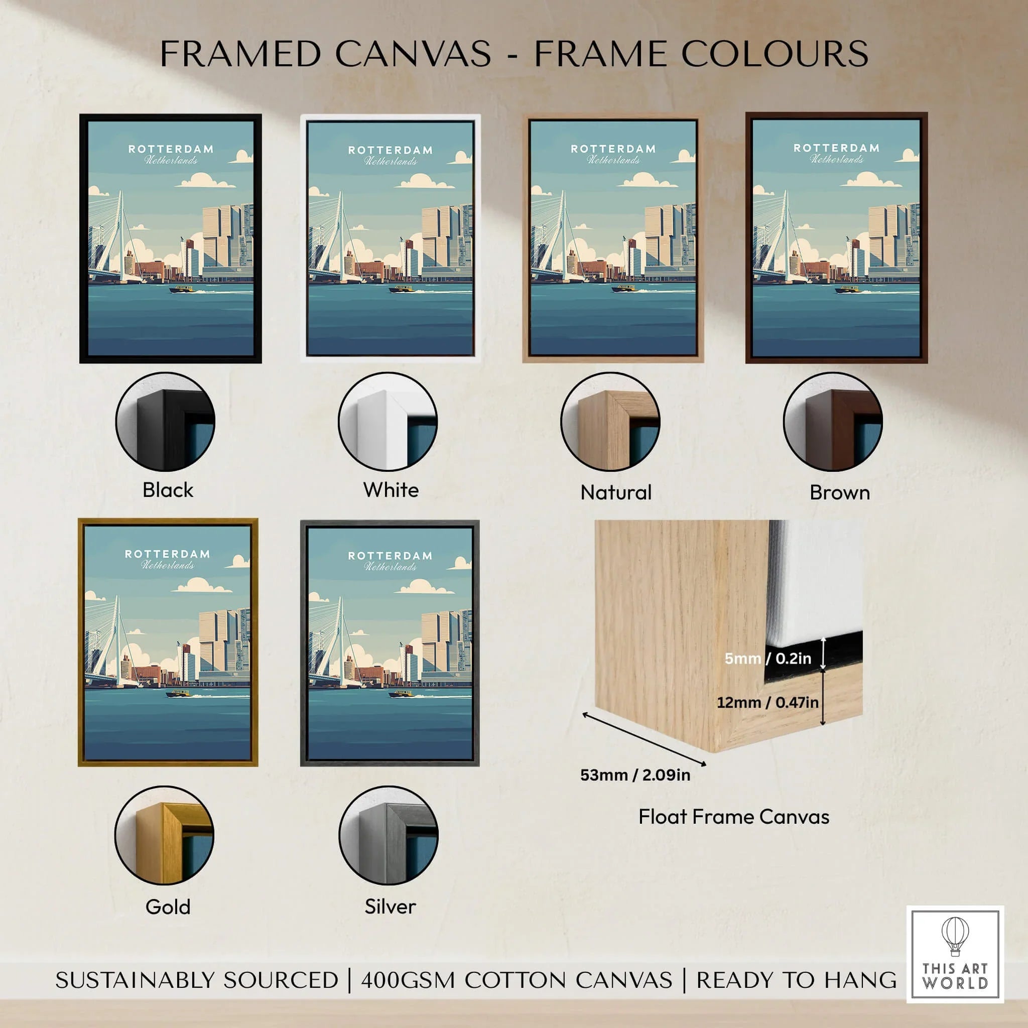 Rotterdam city skyline wall art print in six frame color options: black, white, natural, brown, gold, and silver, shown on canvas with float frame details.