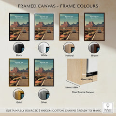 Route 66 travel poster framed canvas wall art shown in black, white, natural, brown, gold, and silver float frame color options.