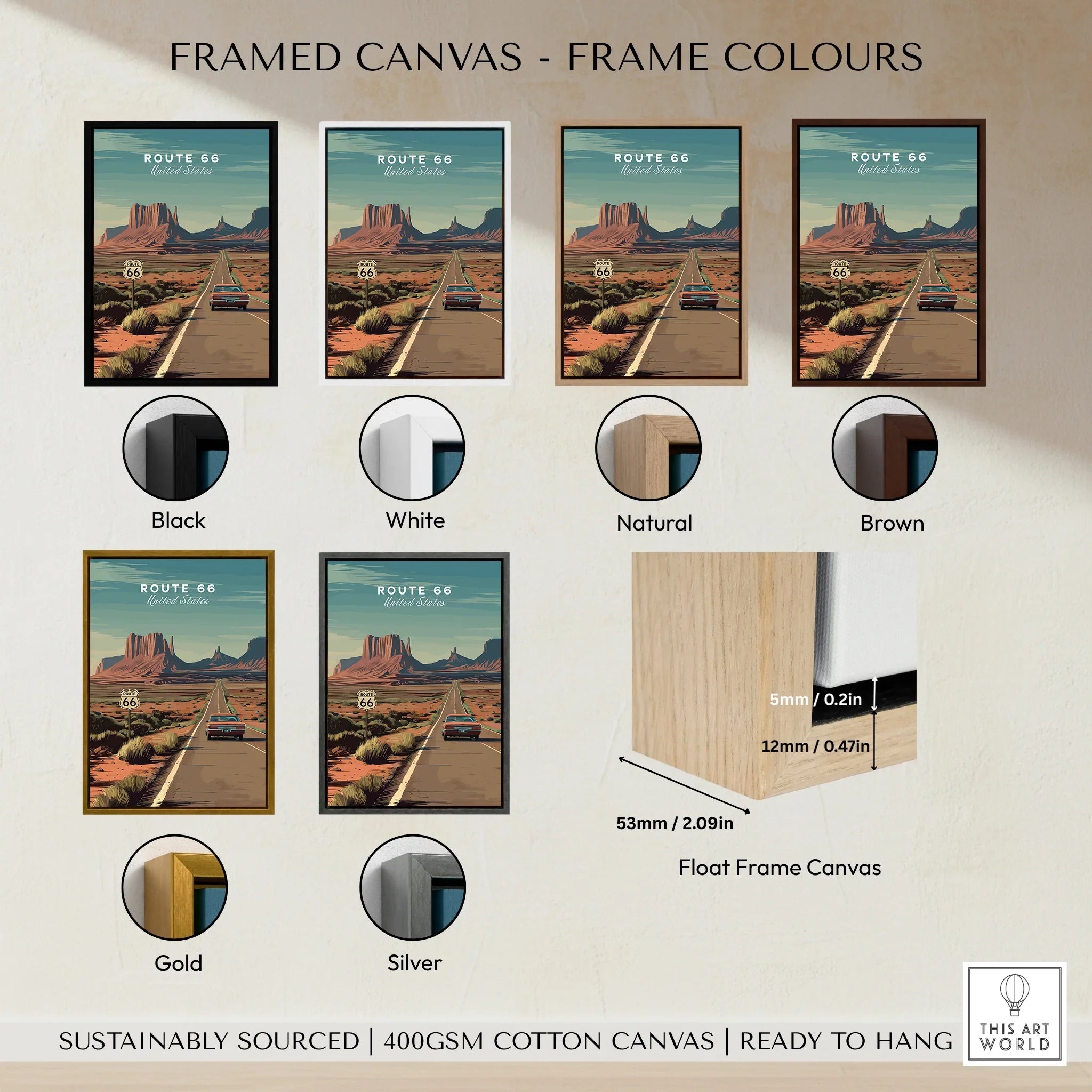 Route 66 travel poster framed canvas wall art shown in black, white, natural, brown, gold, and silver float frame color options.