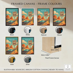 Route 66 travel poster framed canvas print showing six frame color options.