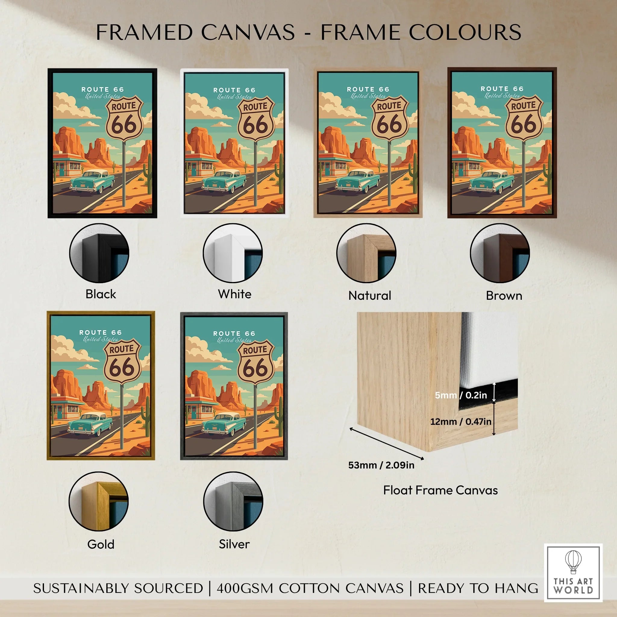 Route 66 travel poster framed canvas print showing six frame color options.