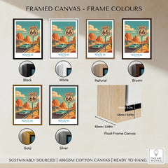 Framed Route 66 travel poster print with six frame color options: black, white, natural, brown, gold, and silver.
