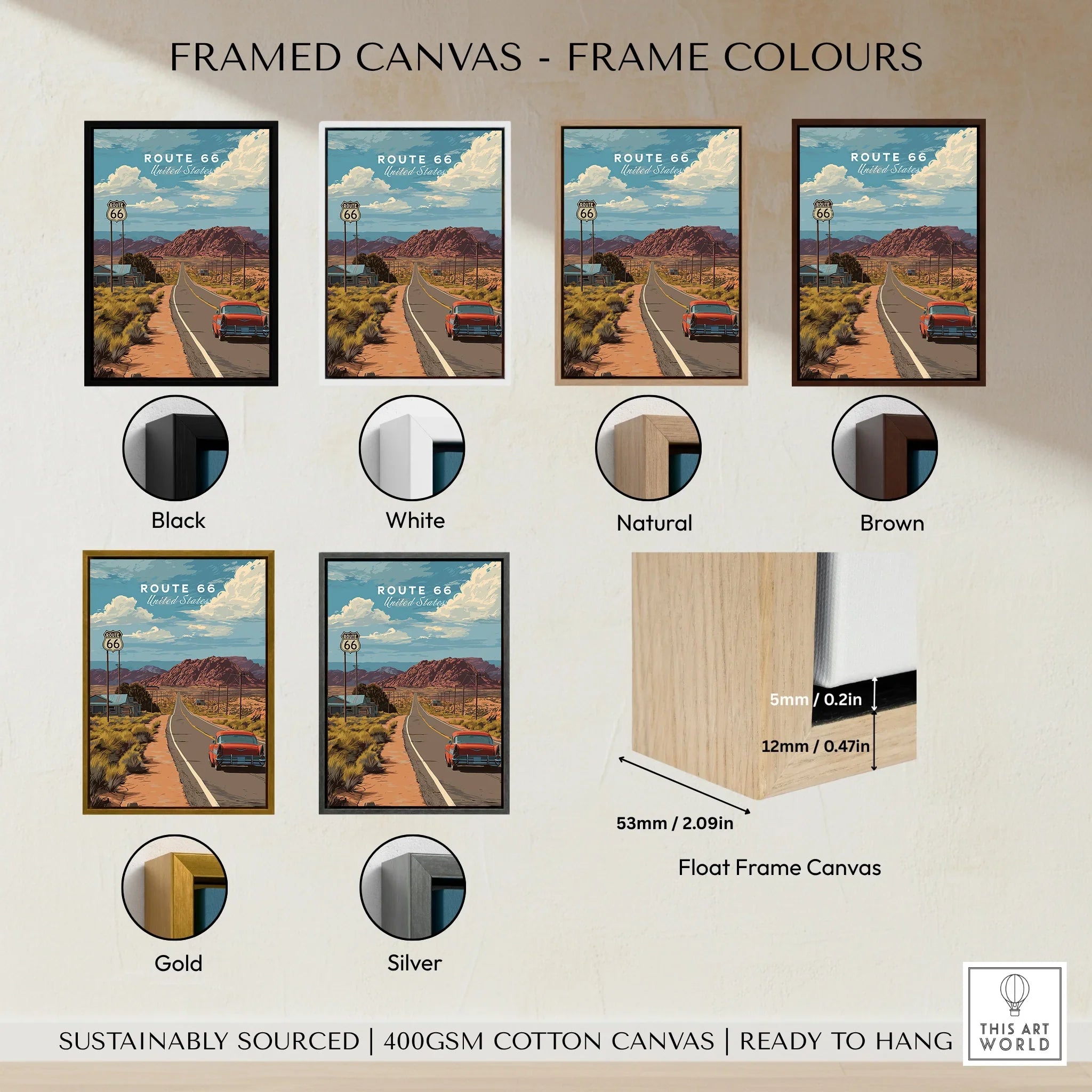 Route 66 travel poster wall art in six frame color options, showcasing a vintage car on a desert road.