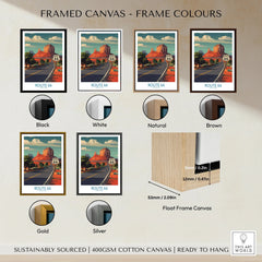 Framed Route 66 travel poster wall art with various frame color options including black, white, natural, brown, gold, and silver on canvas.