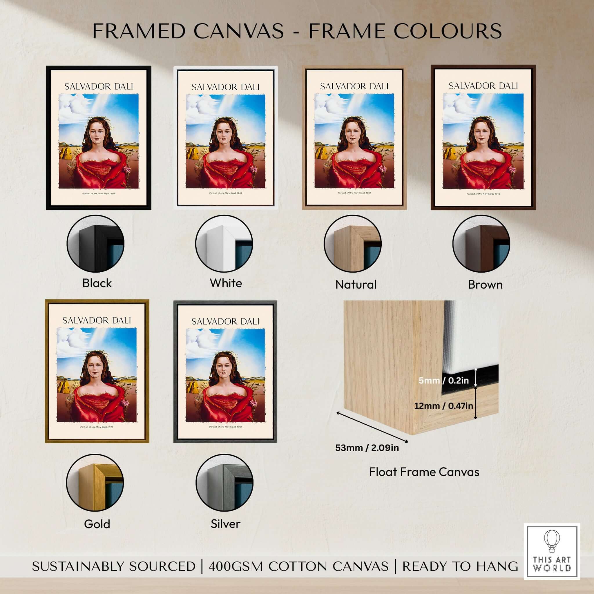 Salvador Dali Portrait Mrs Mary Sigall 1948 Surrealist Woman Art Print Poster with various frame color options.