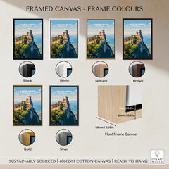 Framed canvas wall art options showcasing the San Marino Wall Art Print | Mount Titano Citadel Travel Poster in various frame colors.